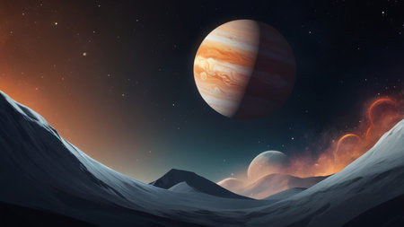 A majestic planet dominates the sky, casting its glow on a desolate alien landscape.の素材