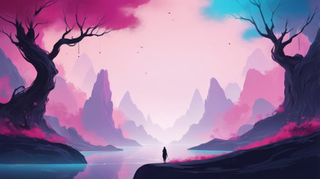 A lone figure stands by a lake in a mystical landscape.の素材