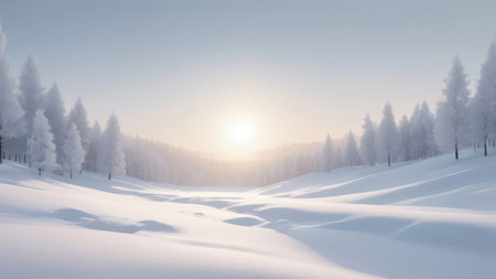 A snowy forest scene with a bright sun in the sky.の素材
