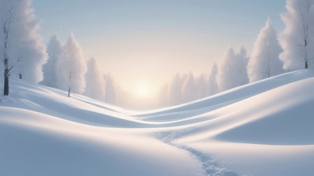A snowy landscape with a path leading towards a sunlit horizon.の素材