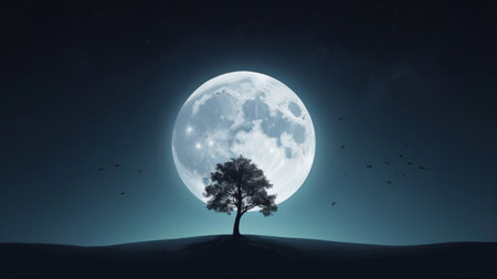 A lone tree stands tall under a bright full moon.の素材