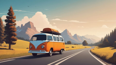 A classic camper van drives along a winding road through the mountains.の素材