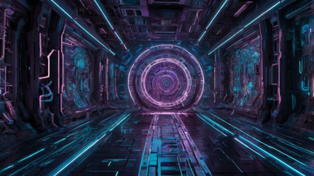 Futuristic tunnel with glowing lights.の素材