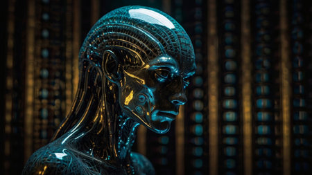 A metallic android head with blue and gold hues.の素材