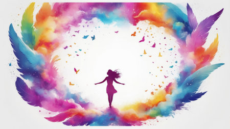 Woman in a colorful cloud of feathersの素材