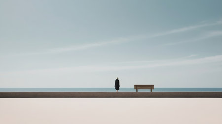 A woman in a black coat stands alone by the sea.の素材