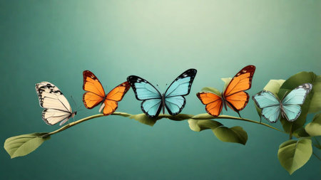 Colorful butterflies perched on a green branchの素材