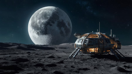 A futuristic spaceship on the moon under a bright moon.の素材