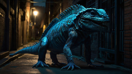 A large, blue lizard creature roams a dark city alley.の素材