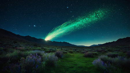 A vibrant green comet streaks across the night sky over a distant mountain range.の素材