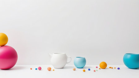 Colorful spheres and ceramic pots against a white background.の素材