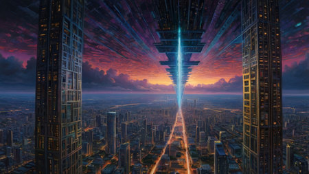 A futuristic city with a glowing beam reaching for the sky.の素材