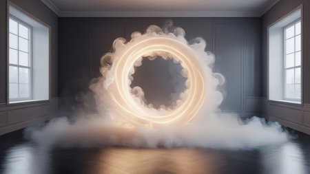 A glowing circular light fixture surrounded by fog in a minimalist room.の素材