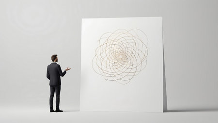 A businessman stands in front of a large canvas with a swirling abstract design.の素材