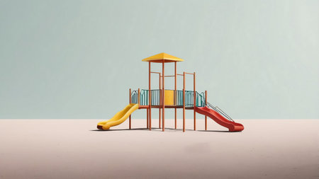 A yellow and red playground set stands alone in a vast, empty space.の素材