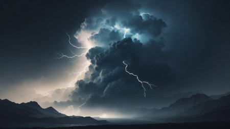 Lightning strikes a dark stormy sky over a mountain range.の素材