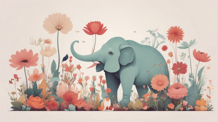 A large, blue elephant stands among a field of colorful flowers.の素材