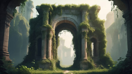 Overgrown ancient ruins with a mysterious archway.の素材