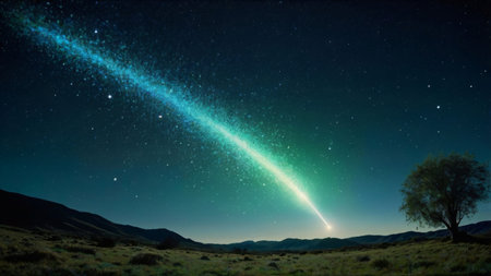 A shooting star streaks across a dark sky, illuminating the night with a bright green glow.の素材