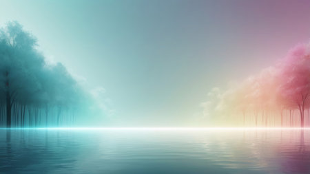 Dreamy, hazy landscape with a split-toned sky and mirror-like water.の素材