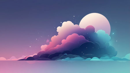 A dreamy illustration of a night sky with large clouds, a full moon, and twinkling stars.の素材