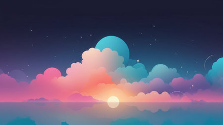 A dreamy sunset over a calm sea with a vibrant, pink, and blue sky.の素材