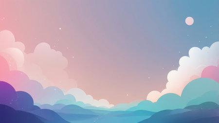 Dreamy pastel sky with fluffy clouds and a single moon.の素材