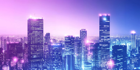 Night cityscape with purple skyの素材