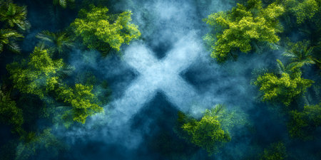 An aerial view of an 'X' shape formed by clouds over a lush green forest.の素材