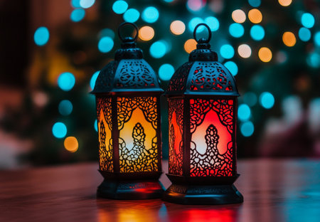 Elegant Black Metal Lanterns Festive Warm Lights Ramadan Decor art red glow home mood dark blueの素材
