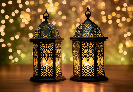 Elegant Black Metal Lanterns Festive Ramadan Lights Golden Bokeh Background eid art glow arab warmの素材
