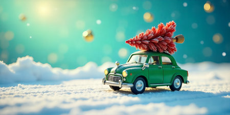 Festive Green Car Carrying Christmas Tree in Snowy Sceneの素材