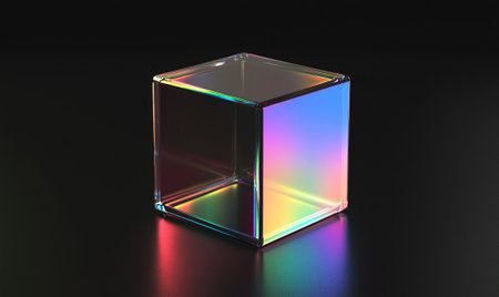 Holographic Glass Cube Abstract Modern Design 3D Render Rainbow Prism Geometric Shape Digital Artの素材