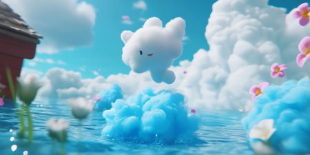 Cute Fluffy Cloud Character Sky Dreamscape Fantasy Art Blue Water soft airy happy light scene imageの素材