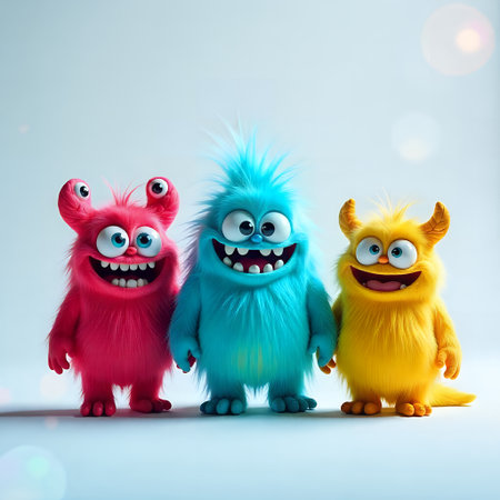 Cute Cartoon Monsters Happy Furry Friends 3D Render Fun Playful Childishの素材
