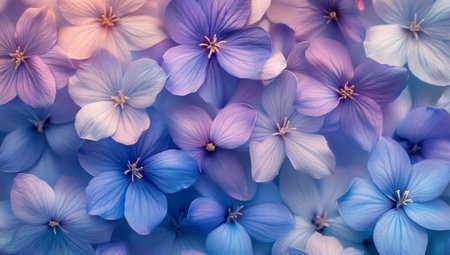 Beautiful Pastel Blue Purple Flowers Soft Bloom Floral Background art calm plant macro image photoの素材