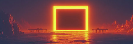 Fiery Sunset Ocean Scene with Bright Neon Square Portal Piers red sea sky art dark glow view rocksの素材