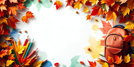 Autumn Back to School Supplies Colorful Pencils Backpack Leavesの素材