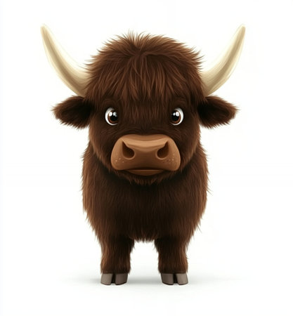 Adorable Brown Yak Illustration Fluffy Fur Cute Animal Cartoon Character Design cow icon logo bullの素材