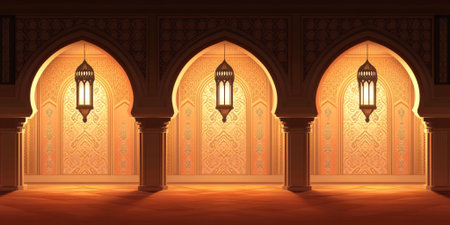Elegant Arabic Architecture Interior Design Golden Warm Light Art Hall Room Rich Calm Dark Brownの素材