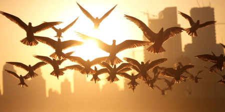 Silhouette Birds Sunset Flight Cityscape Golden Hour Wildlife Nature Sky Art View Warm Wings Peaceの素材