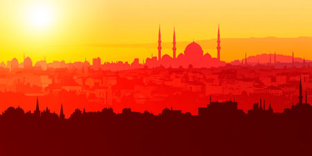 Red Sunset Cityscape Silhouette Mosque City Urban Landscape sky art warm view town light image styleの素材