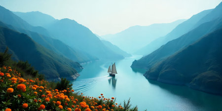 Serene Sailboat on Turquoise River Majestic Mountains Orange Flowersの素材