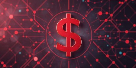 Red dollar sign on a digital networkの素材