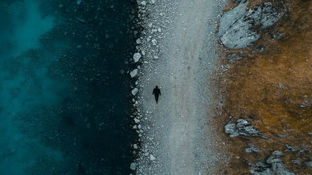 A lone figure walks along a path by a lake.の素材