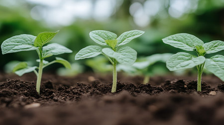 Closeup of young green plants growing in soilの素材