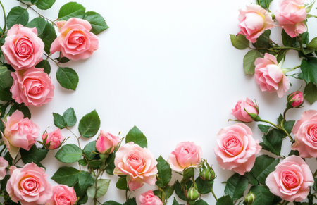 Beautiful Pink Roses Floral Frame White Background Elegant Design Romantic Flowers Nature Springの素材