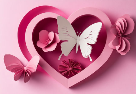 Elegant Paper Art Butterflies Pink Flowers Heart Design Romantic Valentine love card cute soft whiteの素材