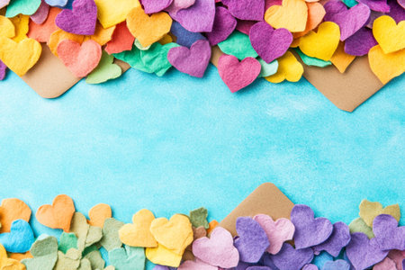Colorful Felt Hearts Romantic Blue Background Valentine Design love pink card cute soft green craftの素材