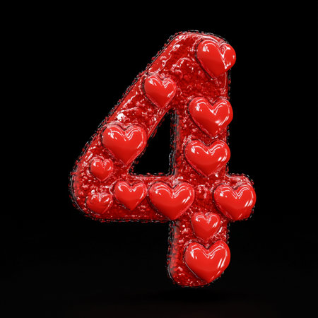 Red Number Four Hearts Design Romantic Valentine Love Graphic 3d cute card font shiny sweet decorの素材